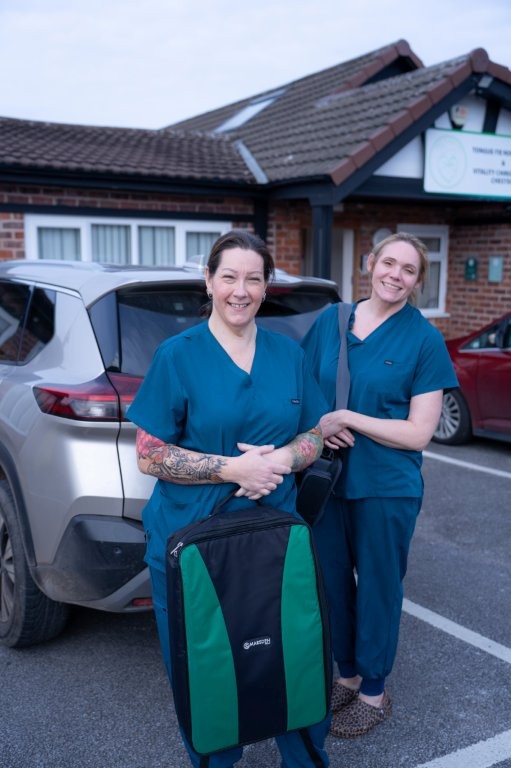 Laura and Sharon, tongue-tie practitioners, stood outside their clinic in Chester